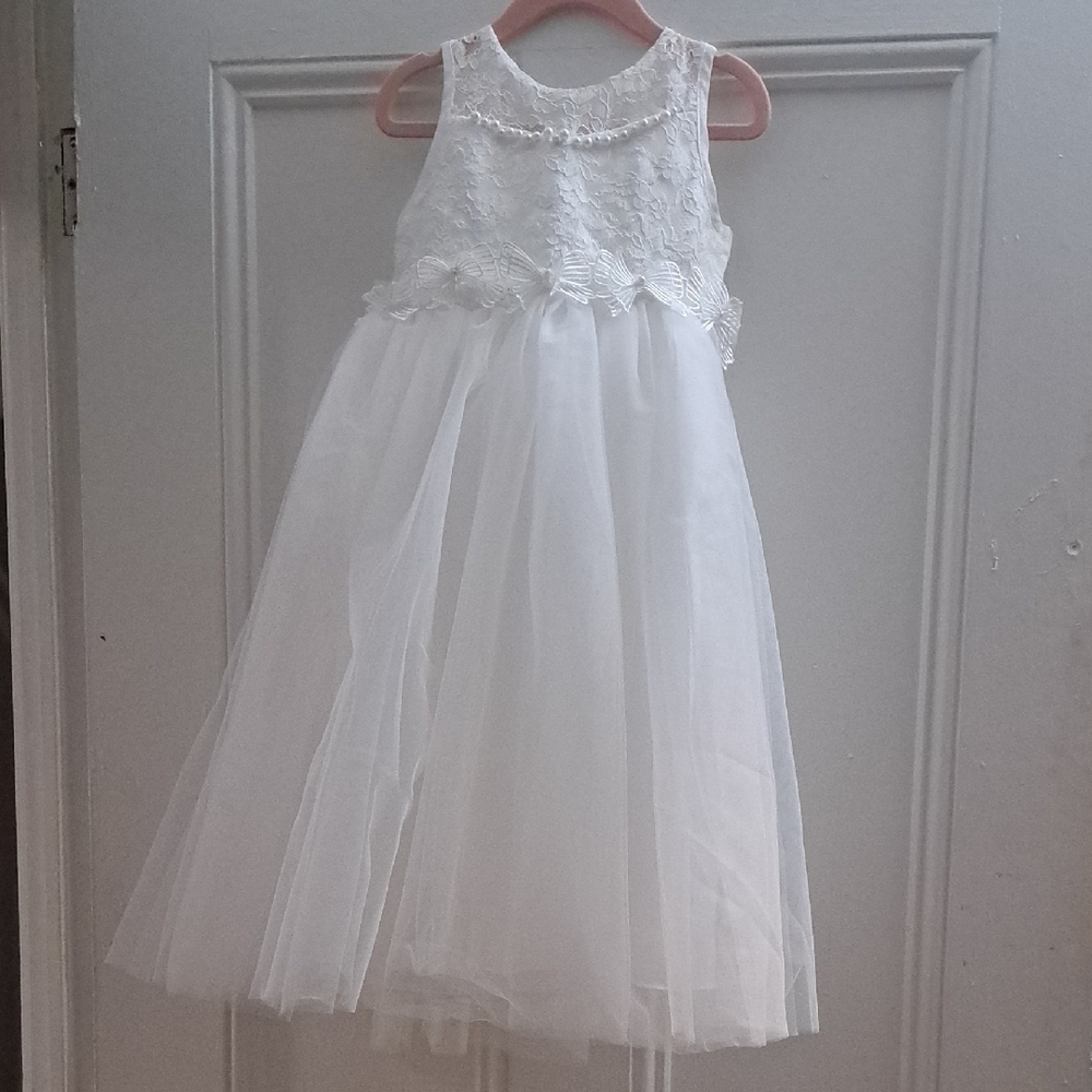 White Lace Dress With Pearl And Bow Details